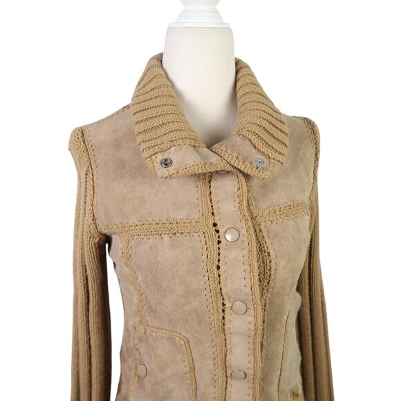 Vintage 70s Carol Cohen tan suede leather and knit crochet jacket S - Picture 2 of 6